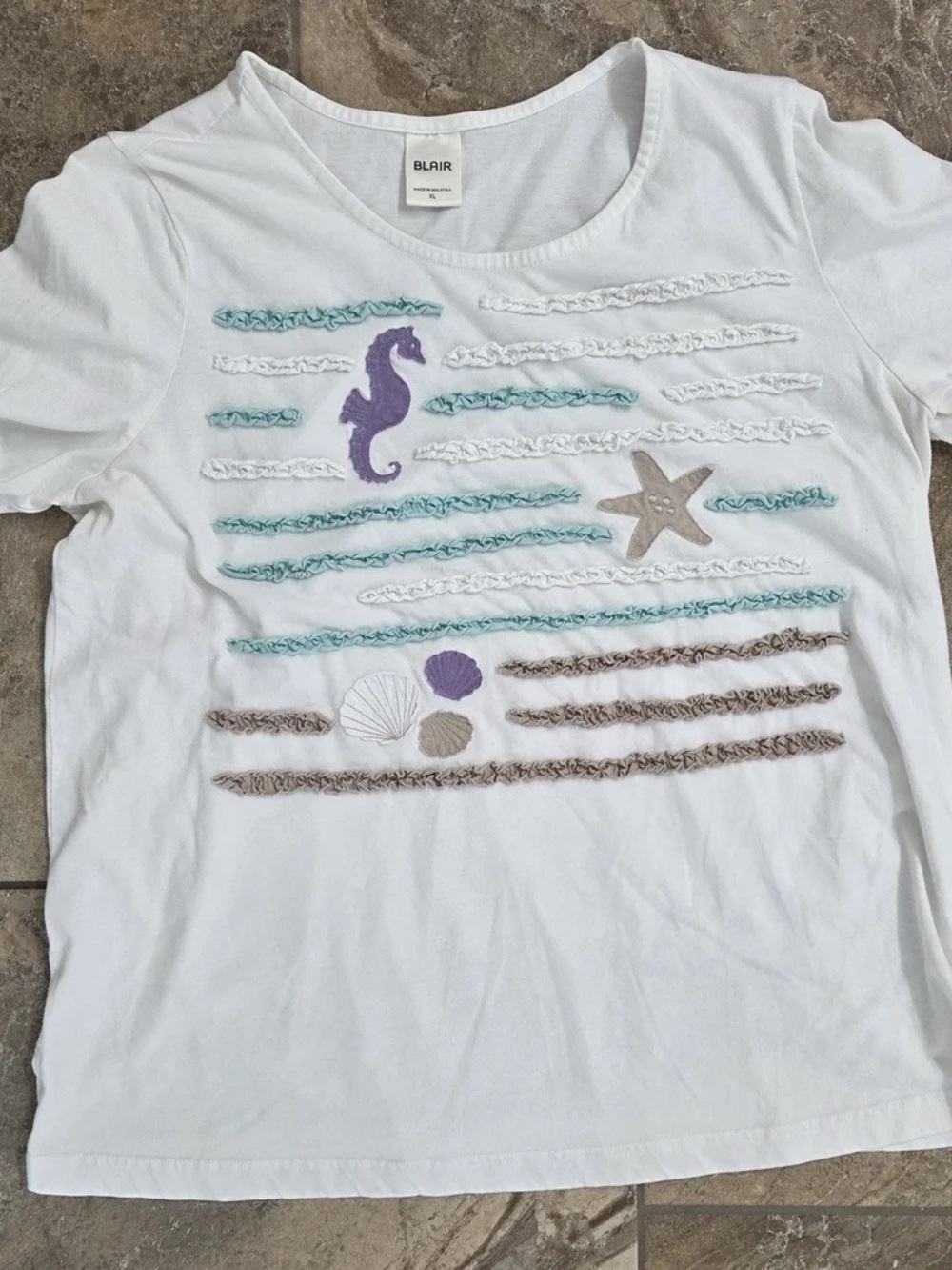 Blair White Short Sleeve Tee with Purple Seahorse & Beach Appliqués